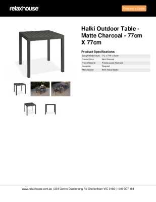 Tear Sheet: Halki Outdoor Table - Matte Charcoal - 77cm x 77cm