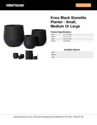 Tear Sheet: Knox Black Stonelite Planter - Small, Medium or Large