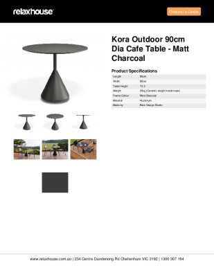 Tear Sheet: Kora Outdoor 90cm Dia Cafe Table - Matt Charcoal