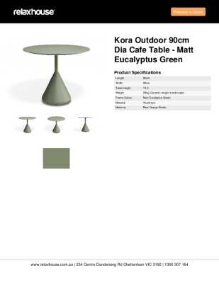 Tear Sheet: Kora Outdoor 90cm Dia Cafe Table - Matt Eucalyptus Green