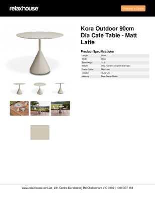 Tear Sheet: Kora Outdoor 90cm Dia Cafe Table - Matt Latte