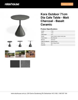 Tear Sheet: Kora Outdoor 71cm Dia Cafe Table - Matt Charcoal - Basalt Ceramic