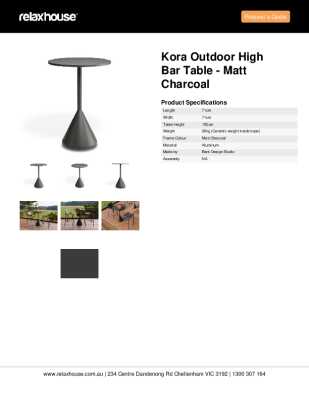 Tear Sheet: Kora Outdoor High Bar Table - Matt Charcoal