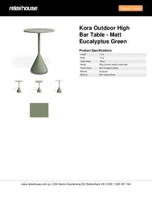 Tear Sheet: Kora Outdoor High Bar Table - Matt Eucalyptus Green
