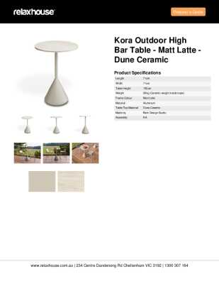 Tear Sheet: Kora Outdoor High Bar Table - Matt Latte - Dune Ceramic