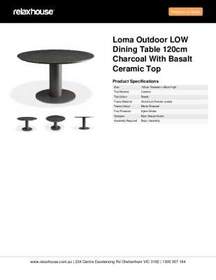 Tear Sheet: Loma Outdoor LOW Dining Table 120cm Charcoal with Basalt Ceramic Top