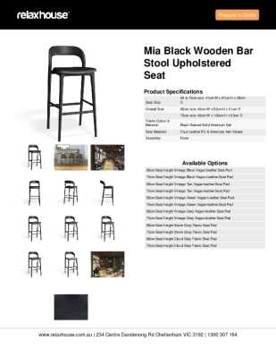 Tear Sheet: Mia Black Wooden Bar Stool Upholstered Seat 