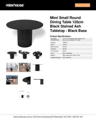 Tear Sheet: Mimi Small Round Dining Table 120cm Black Stained Ash Tabletop - Black Base