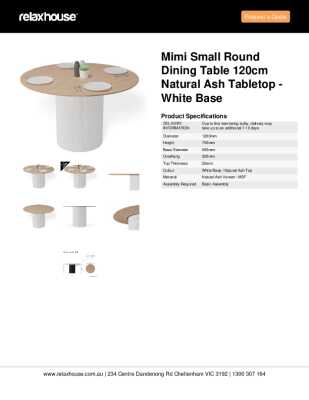 Tear Sheet: Mimi Small Round Dining Table 120cm Natural Ash Tabletop - White Base 