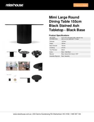 Tear Sheet: Mimi Large Round Dining Table 155cm Black Stained Ash Tabletop - Black Base