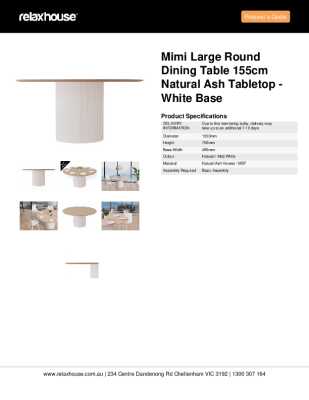 Tear Sheet: Mimi Large Round Dining Table 155cm Natural Ash Tabletop - White Base 