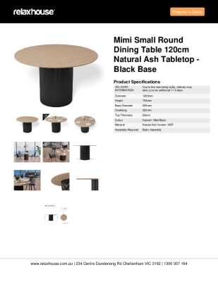 Tear Sheet: Mimi Small Round Dining Table 120cm Natural Ash Tabletop - Black Base 