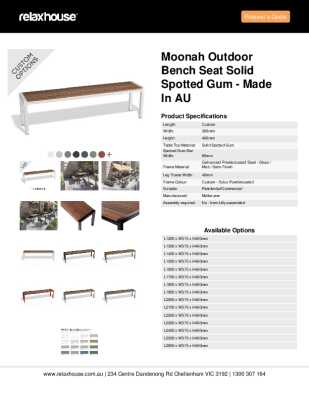 Tear Sheet: Moonah Outdoor Bench Seat Solid Spotted Gum - Made in AU