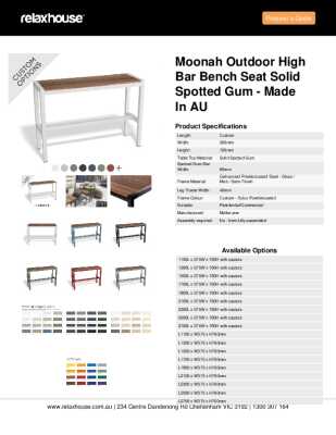 Tear Sheet: Moonah Outdoor High Bar Bench Seat Solid Spotted Gum - Made in AU