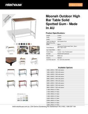 Tear Sheet: Moonah Outdoor High Bar Table Solid Spotted Gum - Made in AU