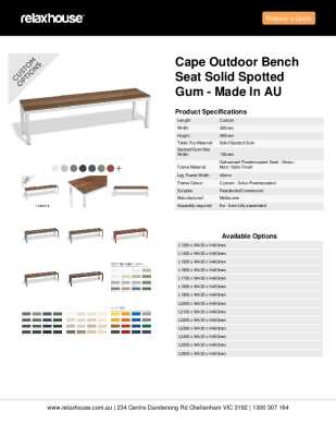 Tear Sheet: Cape Outdoor Bench Seat Solid Spotted Gum - Made in AU