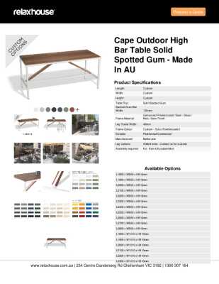 Tear Sheet: Cape Outdoor High Bar Table Solid Spotted Gum - Made in AU
