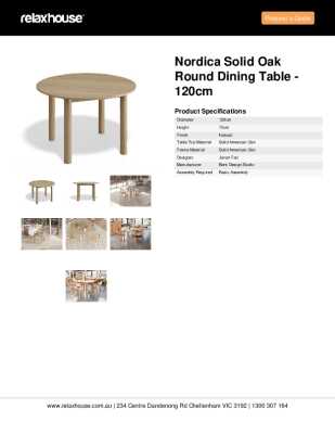 Tear Sheet: Nordica Solid Oak Round Dining Table - 120cm