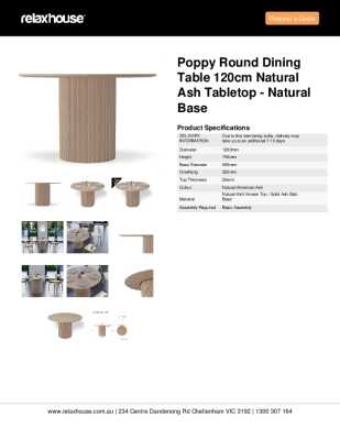 Tear Sheet: Poppy Round Dining Table 120cm Natural Ash Tabletop - Natural Base 
