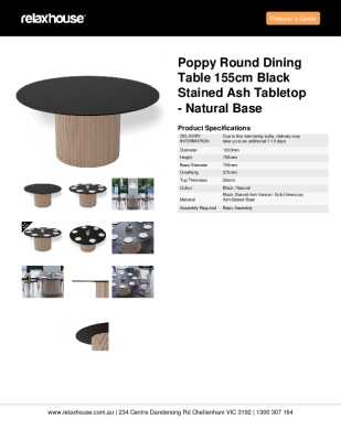 Tear Sheet: Poppy Round Dining Table 155cm Black Stained Ash Tabletop - Natural Base