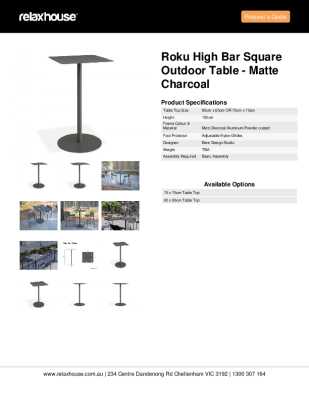 Tear Sheet: Roku High Bar Square Outdoor Table - Matte Charcoal