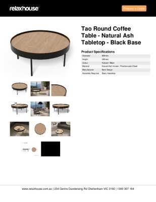 Tear Sheet: Tao Round Coffee Table - Natural Ash Tabletop - Black Base 