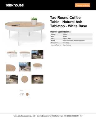 Tear Sheet: Tao Round Coffee Table - Natural Ash Tabletop - White Base