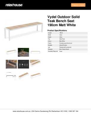 Tear Sheet: Vydel Outdoor Solid Teak Bench Seat 190cm Matt White