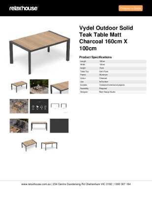 Tear Sheet: Vydel Outdoor Solid Teak Table Matt Charcoal 160cm x 100cm