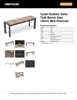 Tear Sheet: Vydel Outdoor Solid Teak Bench Seat 120cm Matt Charcoal
