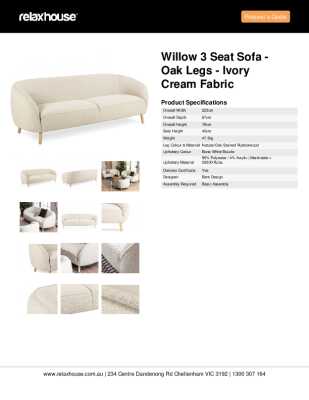 Tear Sheet: Willow 3 Seat Sofa - Oak Legs - Ivory Cream Fabric