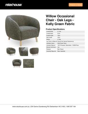 Tear Sheet: Willow Occasional Chair - Oak Legs - Kelly Green Fabric